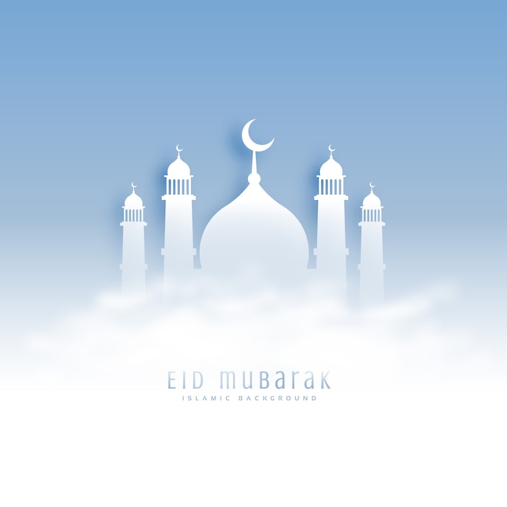 Vecteur gratuit eid mubarak fond avec mosquée et nuages