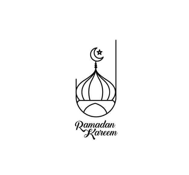 Eid Mubarak Line Art Calligraphie Lettrage élégant Ramadan Kareem Texte Lune avec mosquée Illustration vectorielle