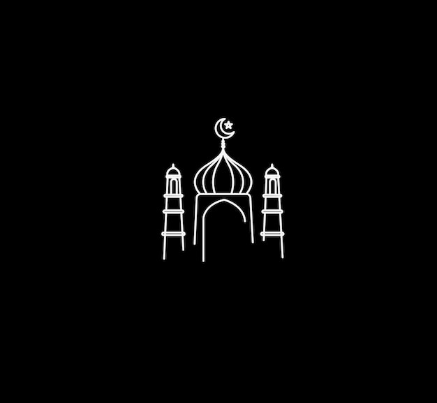 Eid Mubarak Line Art Calligraphie Lettrage élégant Ramadan Kareem Texte Lune Avec Mosquée Illustration Vectorielle