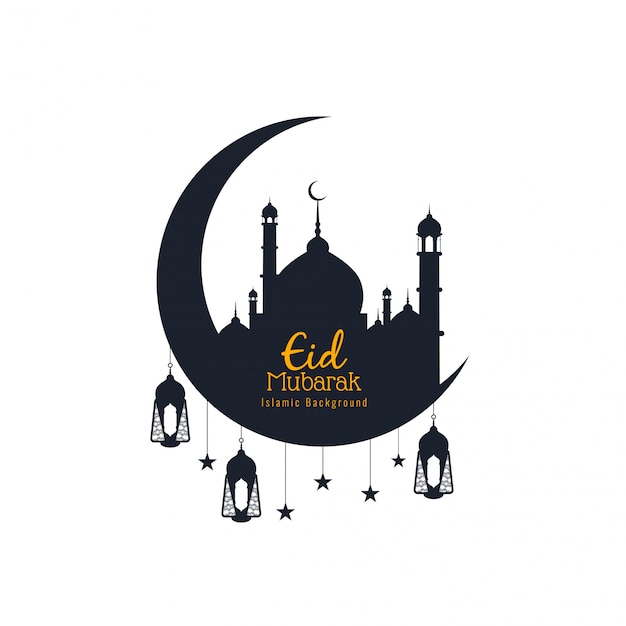 Eid Mubarak, Silhouettes Religieuses Islamiques Avec Croissant De Lune