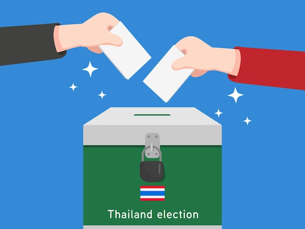 Élections En Thaïlande. Caractère De Personnes Avec Box Pour Le Vote Et Les Bulletins De Vote. Conception De Vecteur De Dessin Animé.