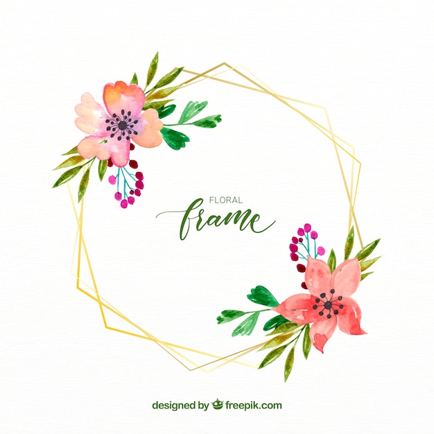 Élégant Cadre Floral Aquarelle Avec Des Lignes Dorées