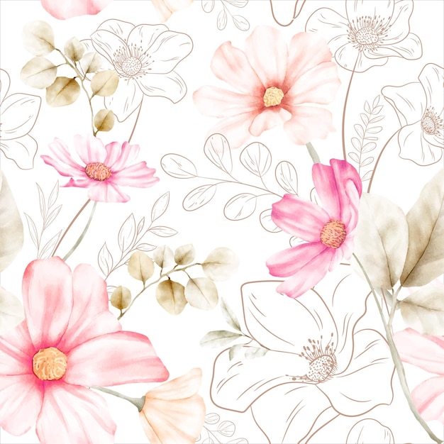 Vecteur gratuit Élégante ligne de fleurs et motif floral sans couture aquarelle