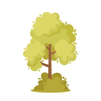 Élément de conception de paysage d'arbre vert, arbuste, parc naturel ou objet forestier avec des feuilles vertes et un tronc brun, plante d'été avec feuillage isolé sur fond blanc. illustration vectorielle de dessin animé