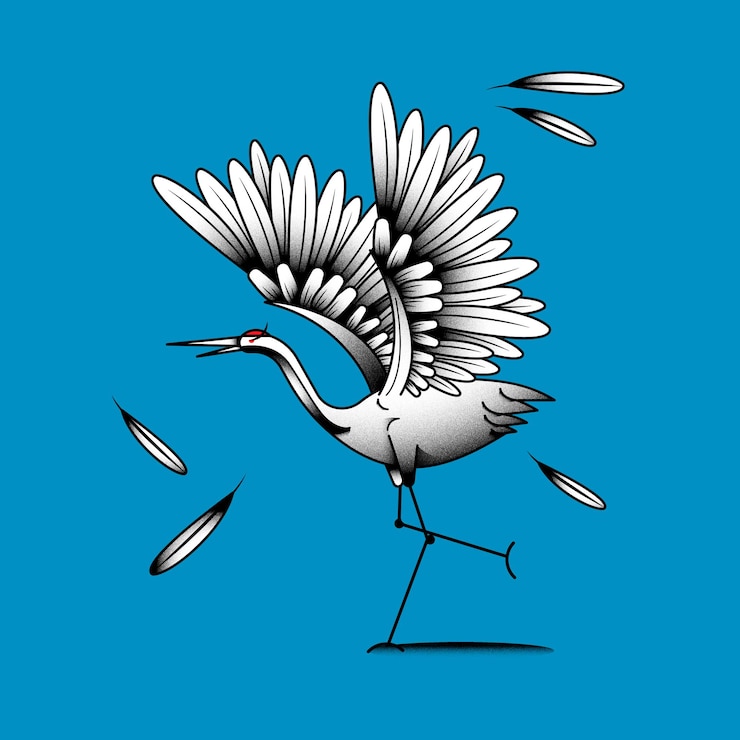 Vecteur gratuit élément d'oiseau grue à couronne rouge japonaise sur fond bleu