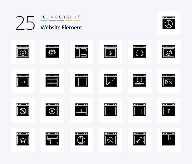 Vecteur gratuit Élément de site web 25 pack d'icônes solid glyph comprenant un élément de pirate de site web de page de sécurité