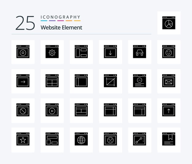 Élément de site Web 25 pack d'icônes Solid Glyph comprenant un élément de pirate de site Web de page de sécurité