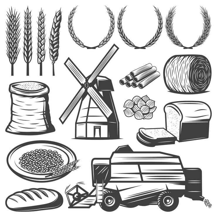 Vecteur gratuit éléments d'agriculture vintage sertis d'épis de blé couronnes de farine de foin pain pâtes moulin à vent moissonneuse-batteuse isolé