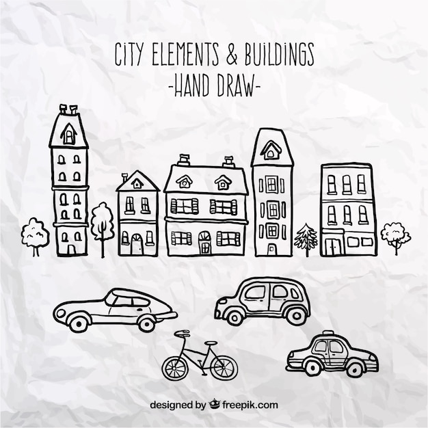 Vecteur gratuit Éléments et bâtiments de la ville dessinés à la main