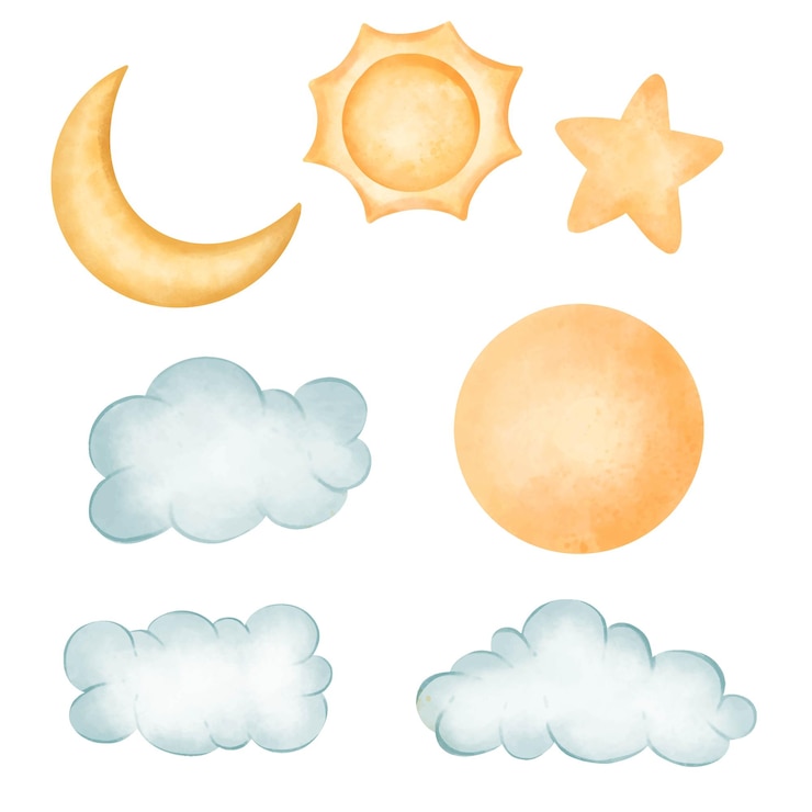 Vecteur gratuit les éléments célestes incluent la lune, les étoiles, les nuages et le soleil.