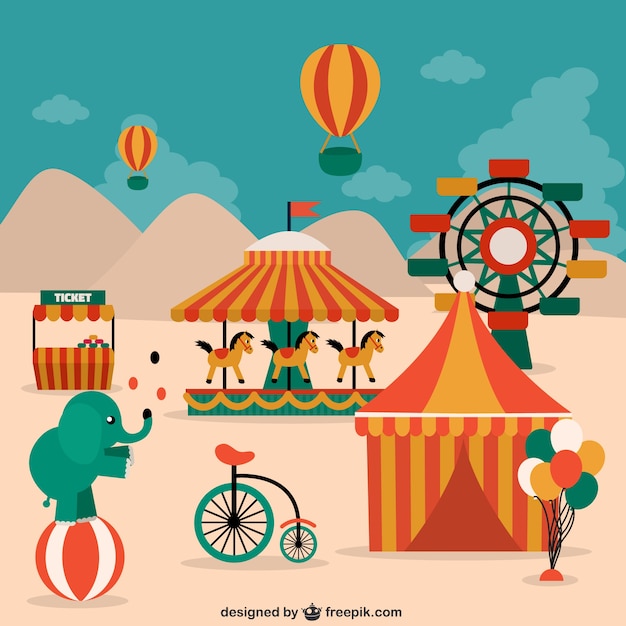 Vecteur gratuit Éléments de cirque, les animaux et décorations