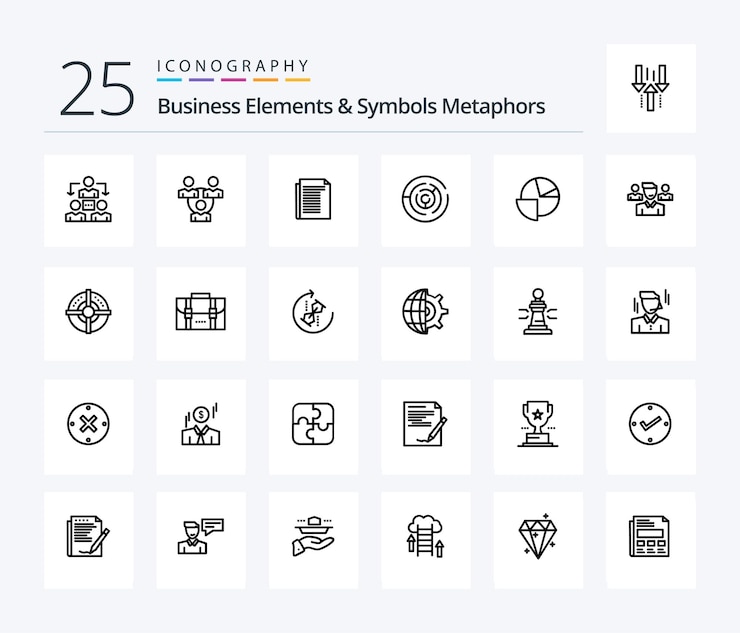 Vecteur gratuit éléments commerciaux et symboles métaphores pack d'icônes de 25 lignes comprenant un point de graphique de puzzle à tarte d'équipe
