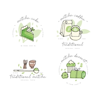 Éléments de conception linéaire de thé matcha, ensemble d'emblèmes de produits matcha, symboles, icônes ou collection d'étiquettes et de badges de thé, de café ou de dessert. modèle ou logo de signes matcha