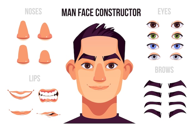 Vecteur gratuit Éléments de constructeur de visage d'homme