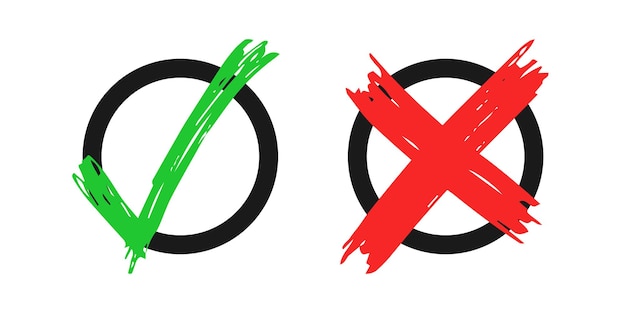Éléments de contrôle et de croix dessinés à la main isolés sur fond blanc. grunge doodle coche verte ok et x rouge dans les icônes de cercle noir. illustration vectorielle