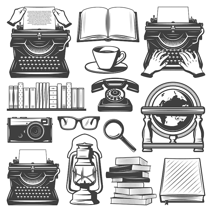 Vecteur gratuit éléments d'écrivain vintage sertis de livres de machine à écrire lunettes de café loupe lampe à huile ordinateur portable appareil photo rétro globe téléphone isolé