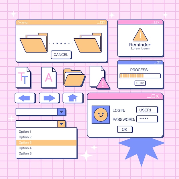 Vecteur gratuit Éléments de fenêtres d'ordinateur rétro dessinés à la main