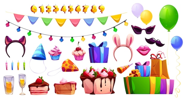 Vecteur gratuit Éléments de fête d'anniversaire gâteau ballons bougies