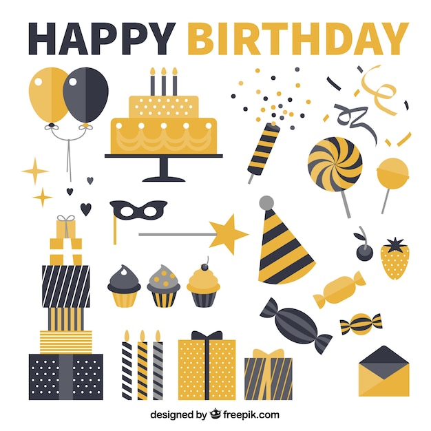Vecteur gratuit Éléments de fête d'anniversaire en noir et jaune