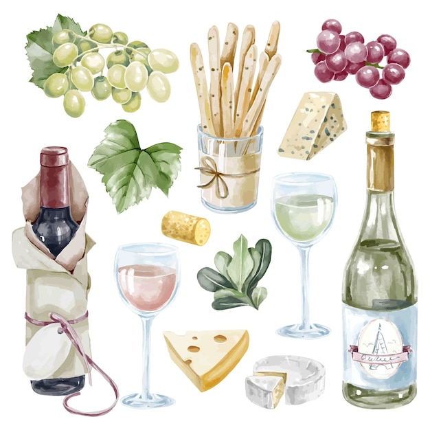 Vecteur gratuit Éléments de fête du vin aquarelle