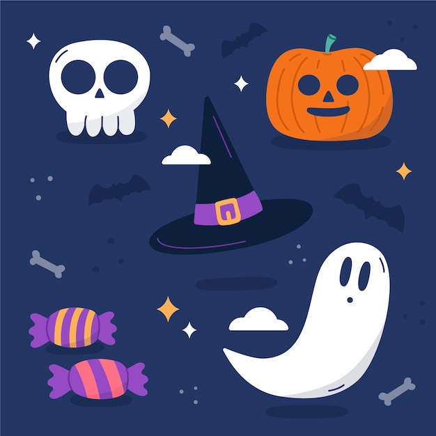 Vecteur gratuit Éléments d'halloween design plat