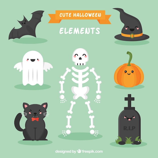 Vecteur gratuit Éléments halloween mignon