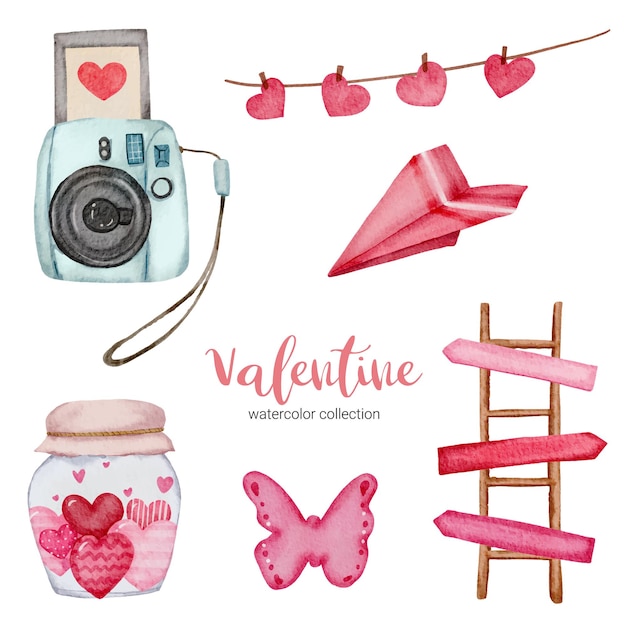 Vecteur gratuit Éléments de jeu de la saint-valentin, appareil photo, papillon, échelle, etc.