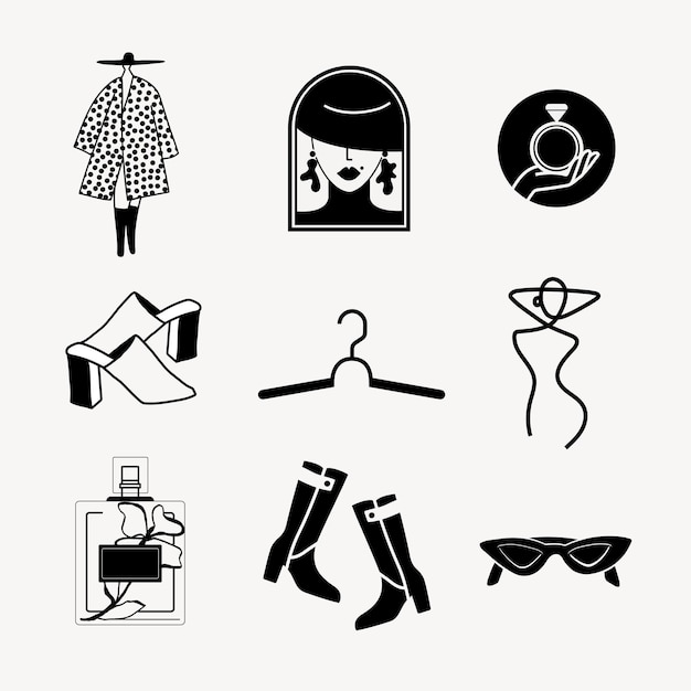 Vecteur gratuit Éléments de logo de mode, ensemble de conception d'autocollant vectoriel noir et blanc