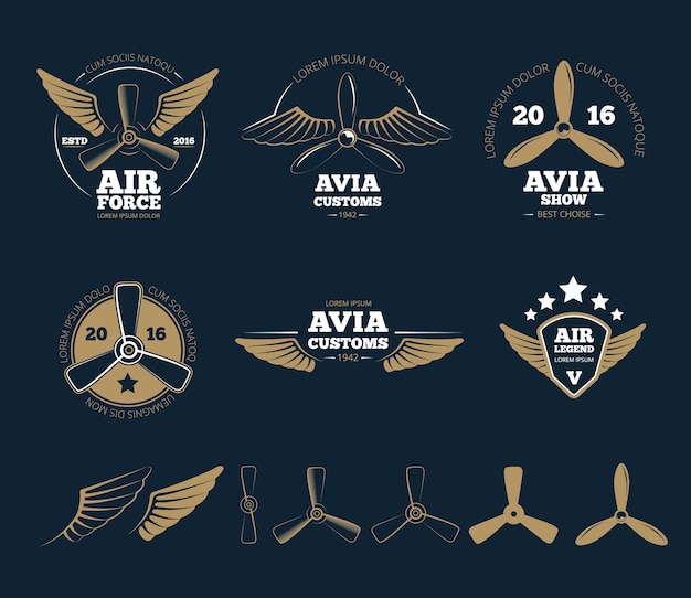 Vecteur gratuit Éléments et logos de conception d'aéronefs. hélice d'avion, emblème ou insigne, vol de timbre, illustration vectorielle
