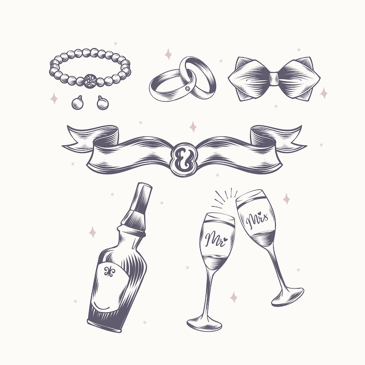 Vecteur gratuit éléments de mariage gravés linéaires dessinés à la main