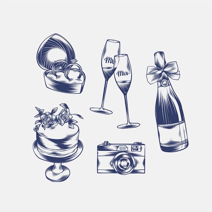 Vecteur gratuit éléments de mariage gravés linéaires dessinés à la main
