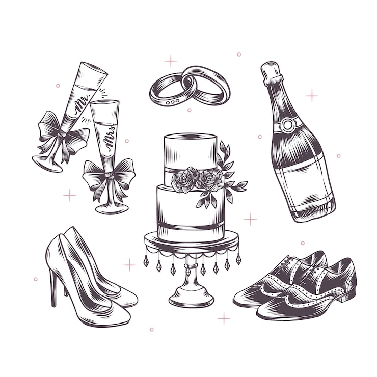 Vecteur gratuit éléments de mariage gravés linéaires dessinés à la main
