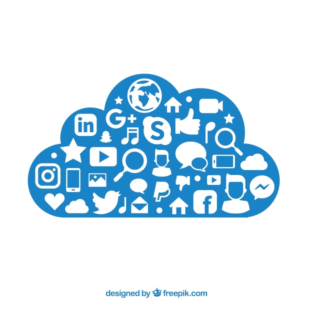 Éléments de médias sociaux dans une forme de nuage dans un style plat