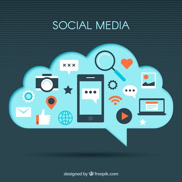 Éléments de médias sociaux dans une forme de nuage dans un style plat