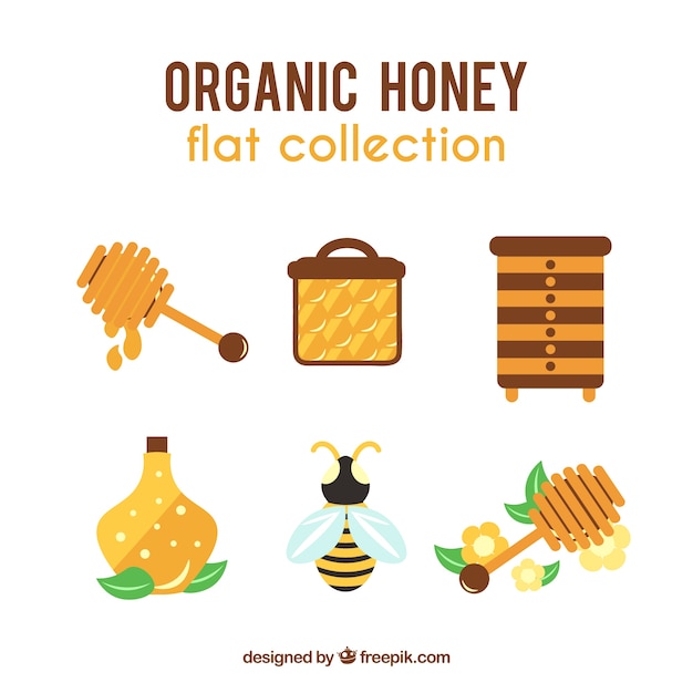 Vecteur gratuit Éléments de miel biologique dans la conception plate