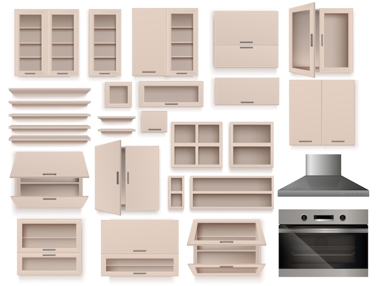 Vecteur gratuit éléments de mobilier d'intérieur de cuisine moderne réaliste avec hotte aspirante et armoires vides et étagères illustration vectorielle isolée