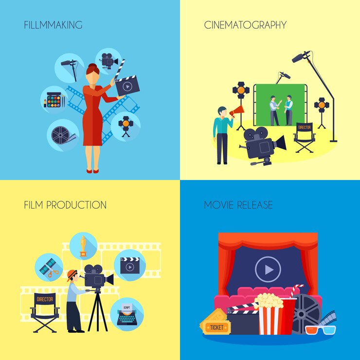 Vecteur gratuit éléments plats concept de film et les personnages avec le réalisateur de film avec haut-parleur et caméraman abstraite isolée illustration vectorielle