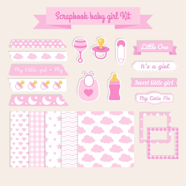 Vecteur gratuit Éléments scrapbook kit bébé fille