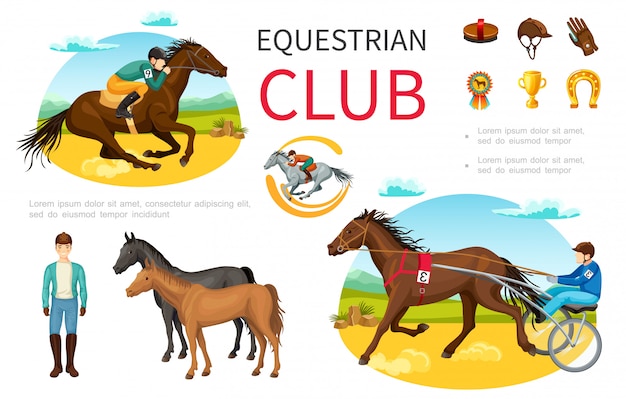 Éléments De Sport équestre De Dessin Animé Sertis De Jockey équitation Cheval Brosse Cap Gants En Cuir Médaille Trophée Fer à Cheval