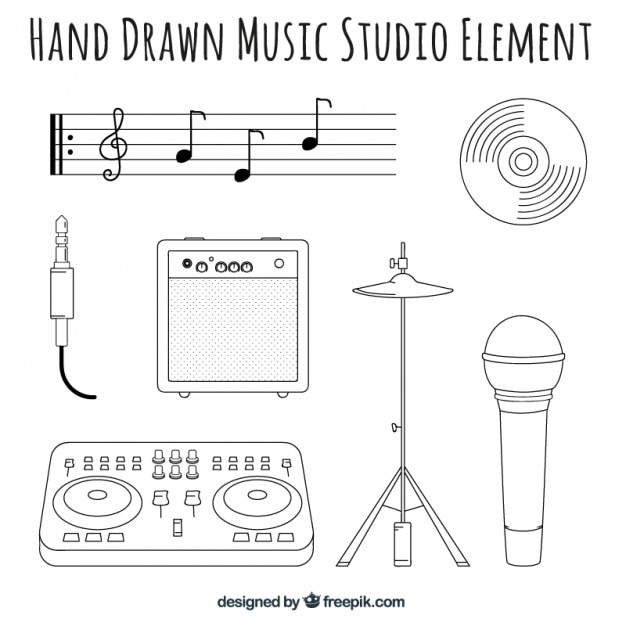 Vecteur gratuit Éléments de studio de musique dessinés à la main