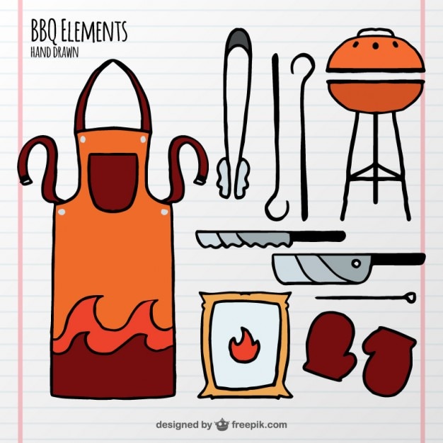 Vecteur gratuit Éléments et tablier de bbq dessinés à la main