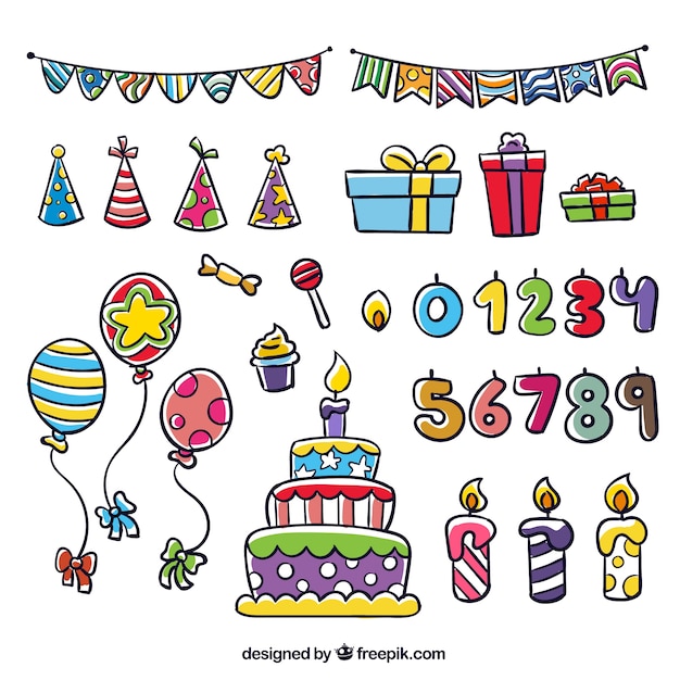 Éléments tirés de la main d'anniversaire ensemble coloré