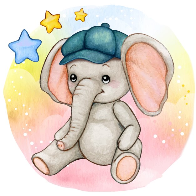 Elephant Mignon Bebe Garcon Aquarelle Assis Sur Fond De Raiinbow Vecteur Premium