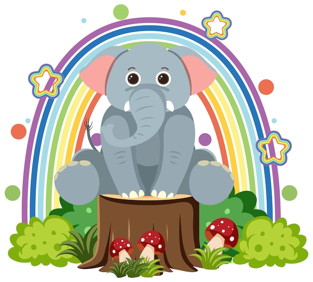 Éléphant Mignon Sur Souche En Style Cartoon Plat