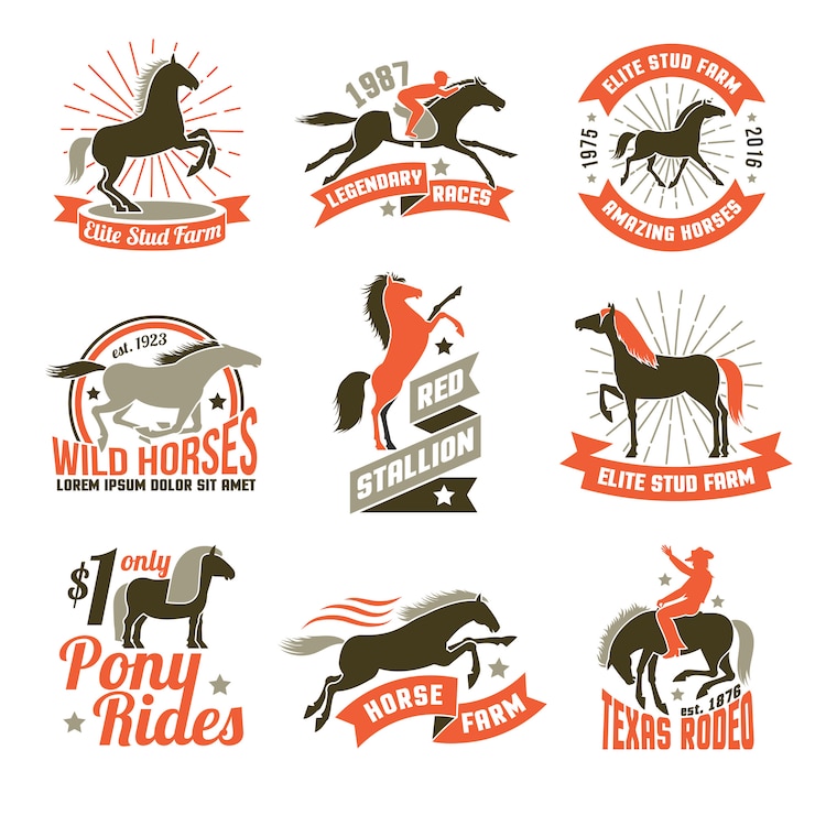 Vecteur gratuit élevage de chevaux étiquettes ensemble d&#39;emblèmes