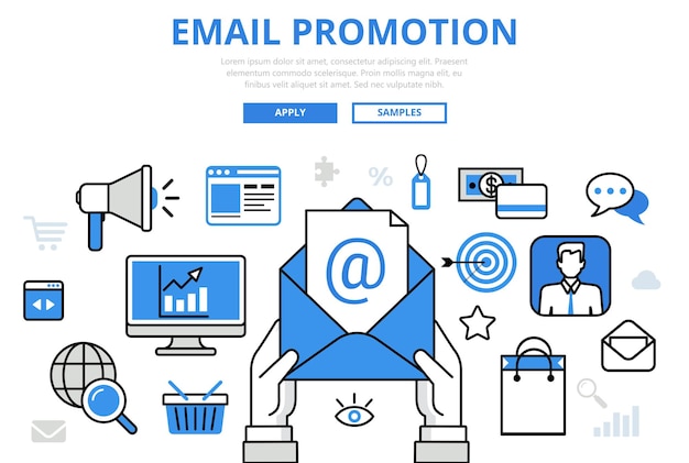 Email Promotion Marketing Numérique Promo En Ligne Concept Plat Ligne Art Icônes.