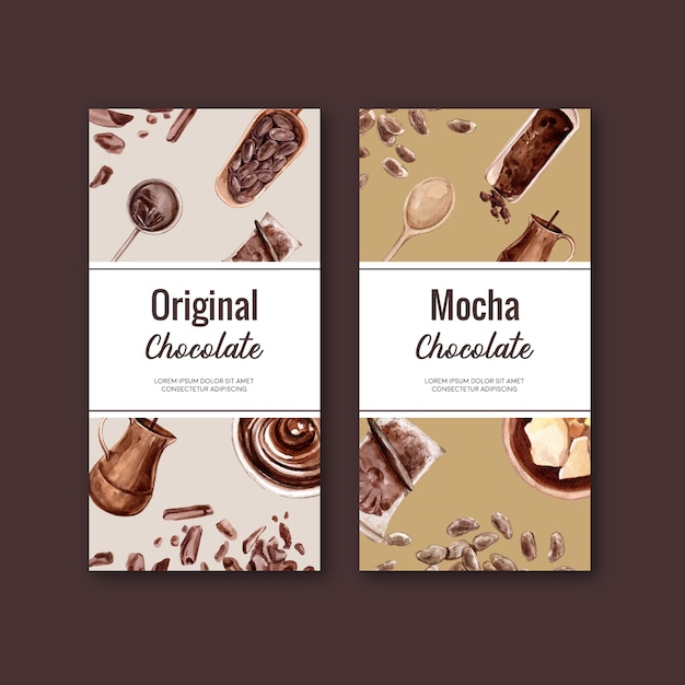 Vecteur gratuit emballage au chocolat avec ingrédients cacao branche, illustration aquarelle