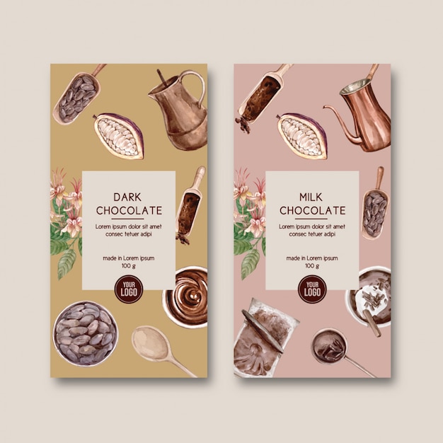 Vecteur gratuit emballage de chocolat avec des ingrédients branche cacao, watercol