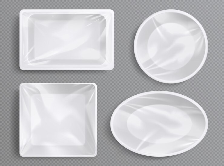 Vecteur gratuit emballage de plateaux en plastique blanc avec film transparent