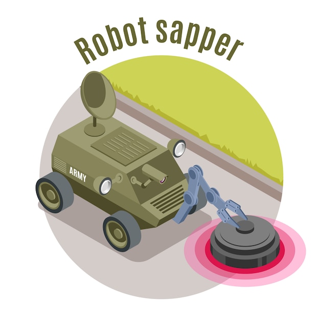 Vecteur gratuit emblème isométrique de robots militaires avec titre de sapeur de robot et illustration de machine militaire verte